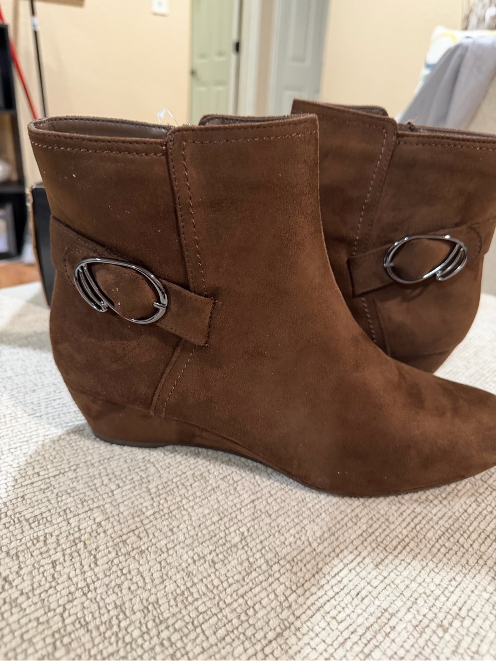 East 5th Brown Suede Wedge Ankle Booties with Silver Buckle